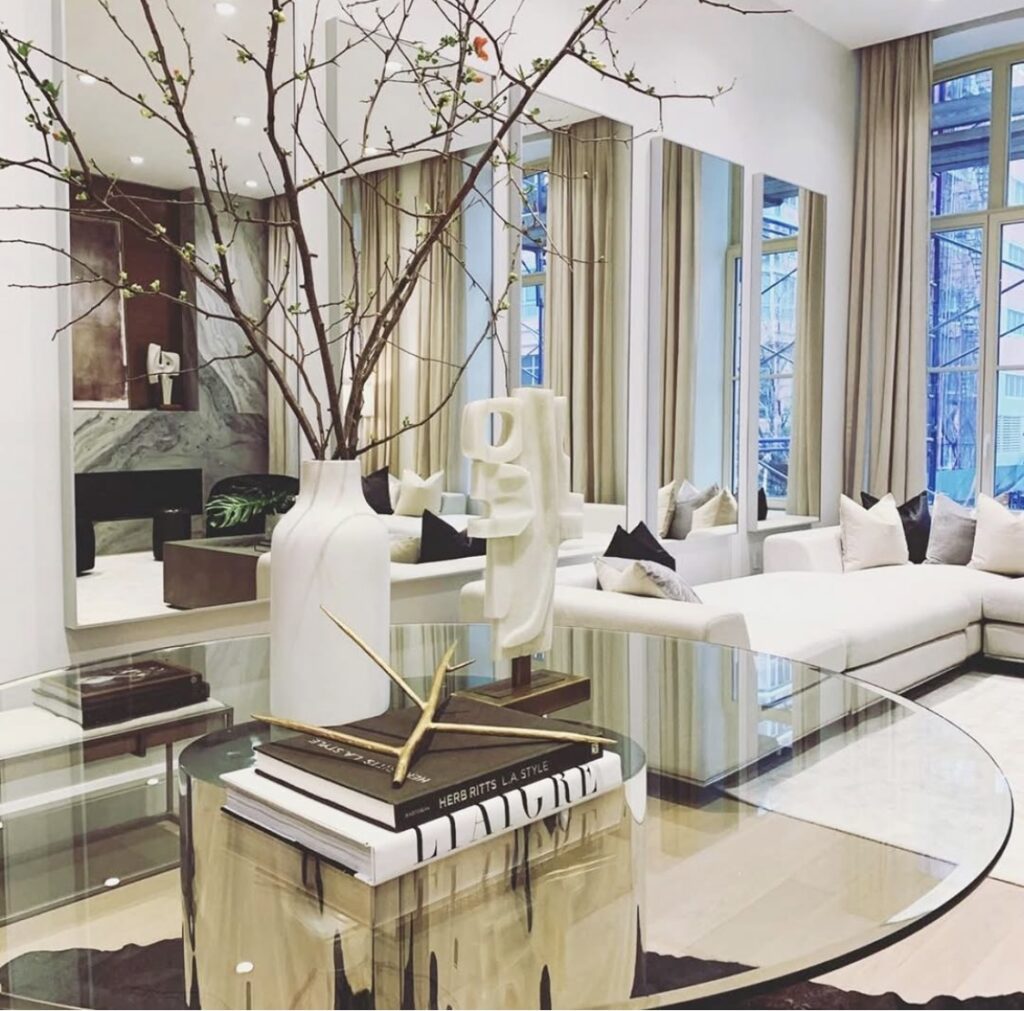 Modern living room interior design by DreamRose Design in Washington Heights Manhattan renovation